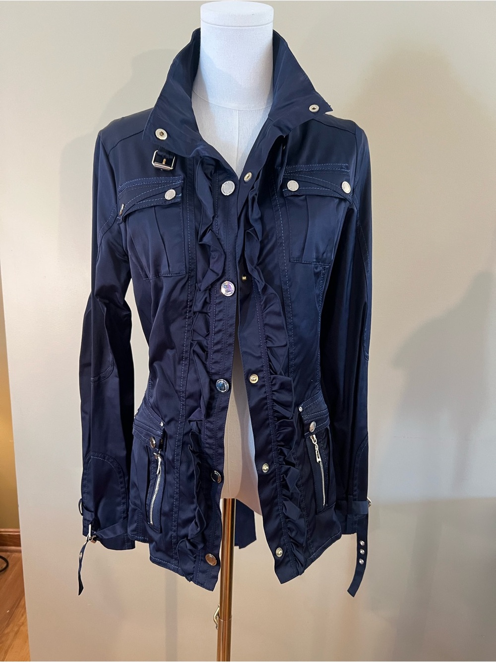 Women's Navy Utility Jacket with Ruffle Trim & Gold accents